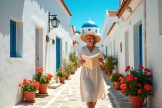 Femme explorant une ruelle pittoresque d'un village traditionnel crétois avec église à dôme bleu et géraniums rouges