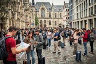 Foule de touristes internationaux traversant une place emblématique d'une grande ville touristique mondiale