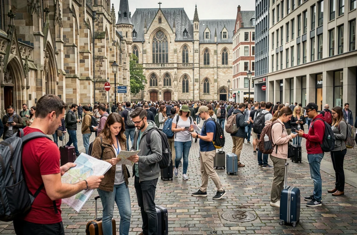 Foule de touristes internationaux traversant une place emblématique d'une grande ville touristique mondiale