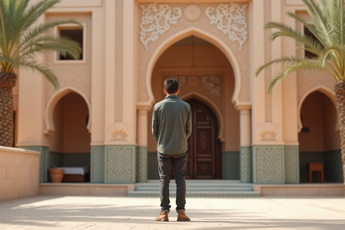 Visiteur respectueux devant une mosquee marocaine en lumière forte