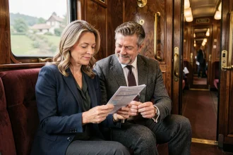 Couple élégant dans un compartiment de l'Orient Express consultant leur itinéraire de voyage en train de luxe