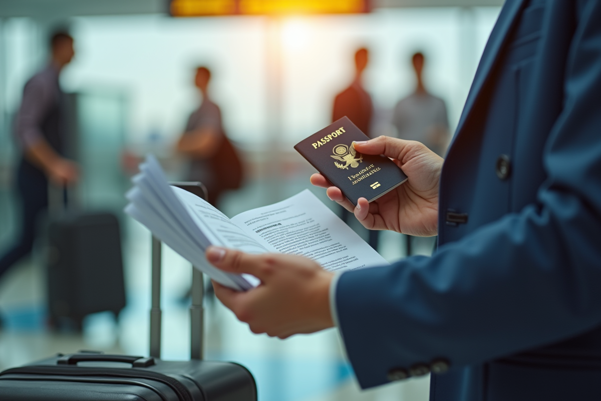 Voyageur à l'aéroport tenant son passeport et documents de voyage
