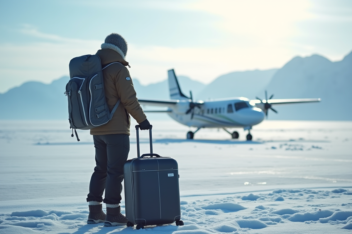 Voyageur en tenue thermique près d