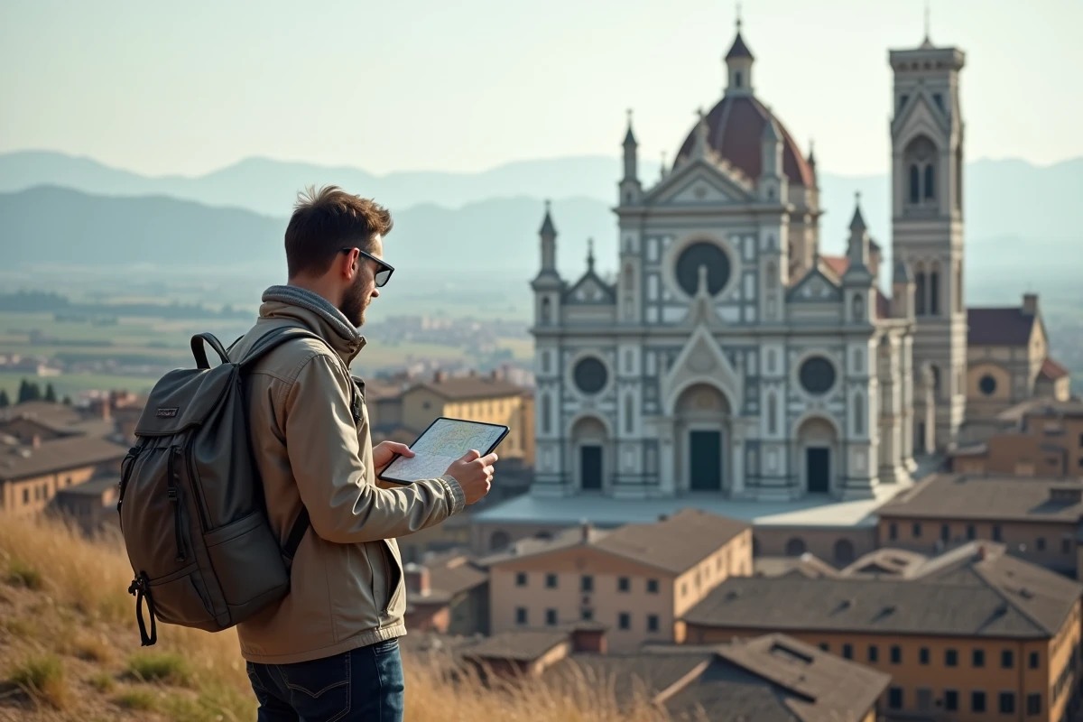 Voyageur consultant une carte interactive numérique devant la cathédrale de Sienne avec les collines toscanes en arrière-plan
