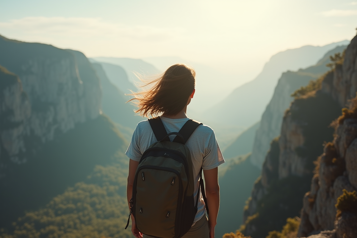 Voyageur seul au bord d'une falaise de montagne avec vue panoramique