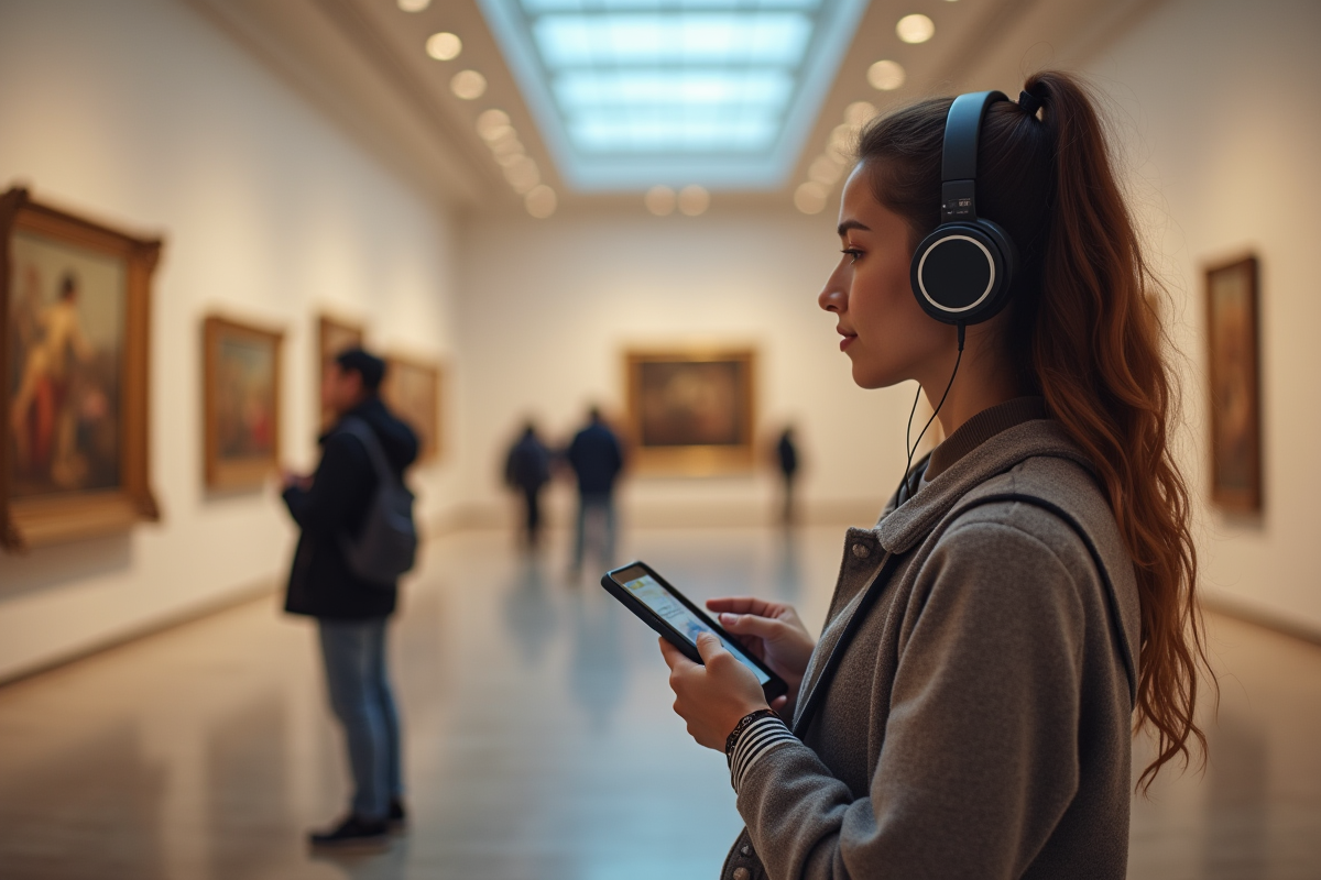 Voyageur utilisant un guide audio dans un musée moderne