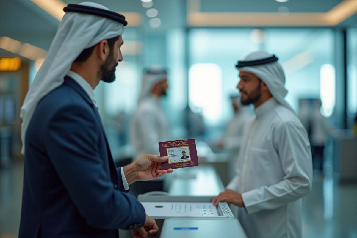 Voyageur élégant montrant sa carte d'identité à Dubai