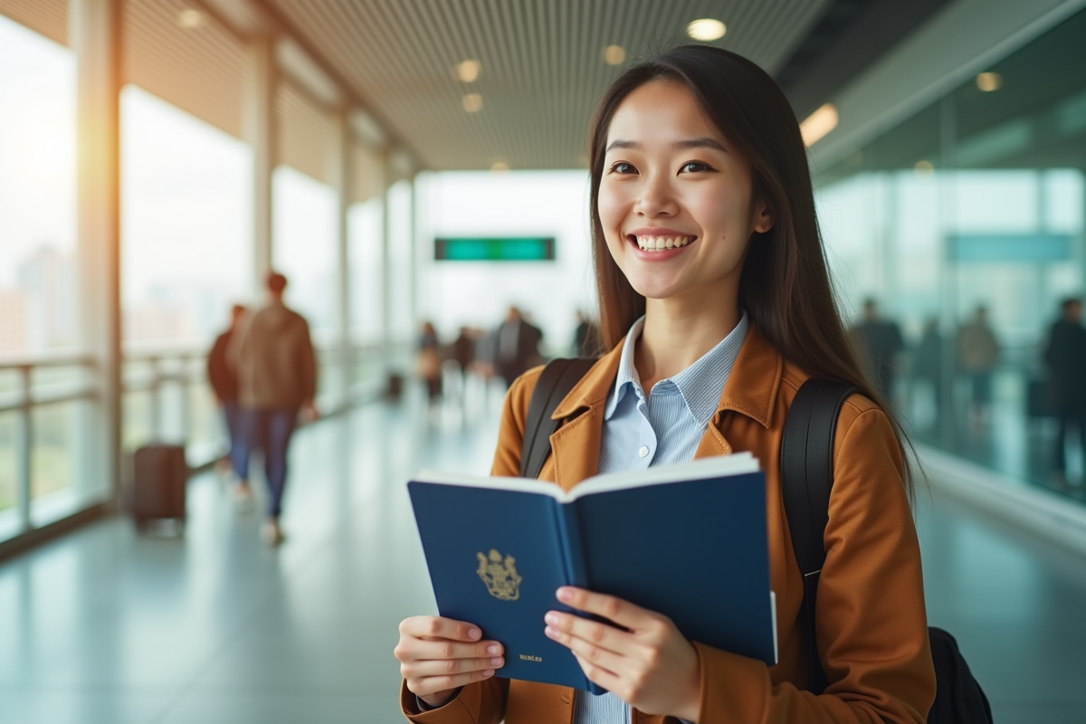Jeune voyageur souriant avec passeport et visa à l'aéroport