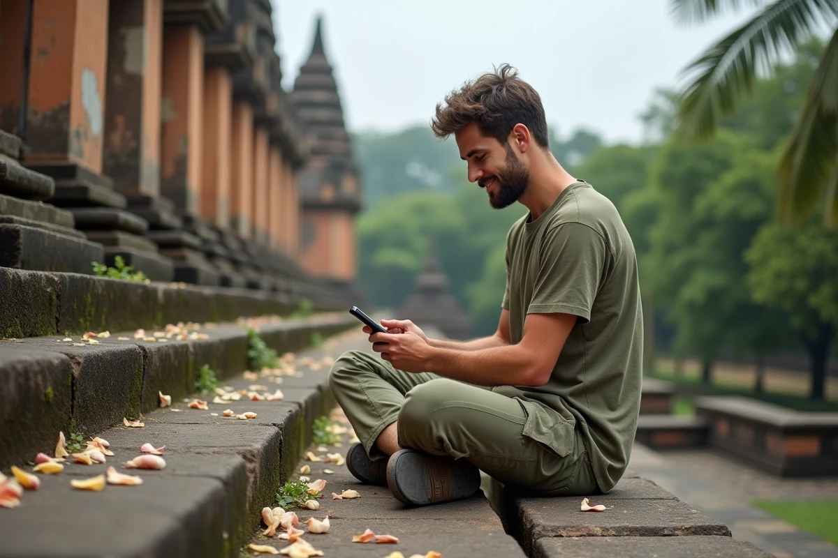 Voyageur consultant son itinéraire sur smartphone assis sur les marches d'un temple bouddhiste en ruine à Ayutthaya, Thaïlande