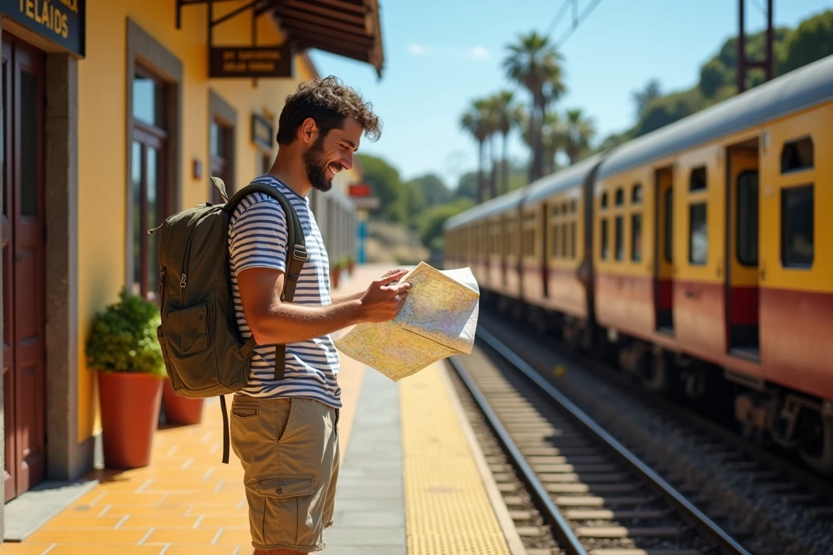 Voyageur masculin avec sac à dos consultant une carte de train sur un quai de gare côtière espagnole pour des vacances économiques