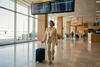 Femme voyageuse dans le terminal de l'aéroport Al Massira d'Agadir avec une valise à roulettes devant les tableaux d'affichage des départs
