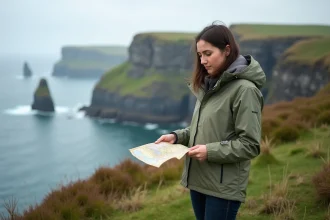 Voyageuse consultant une carte sur les falaises irlandaises lors d'un voyage en Irlande pas cher