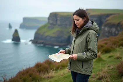 Voyageuse consultant une carte sur les falaises irlandaises lors d'un voyage en Irlande pas cher