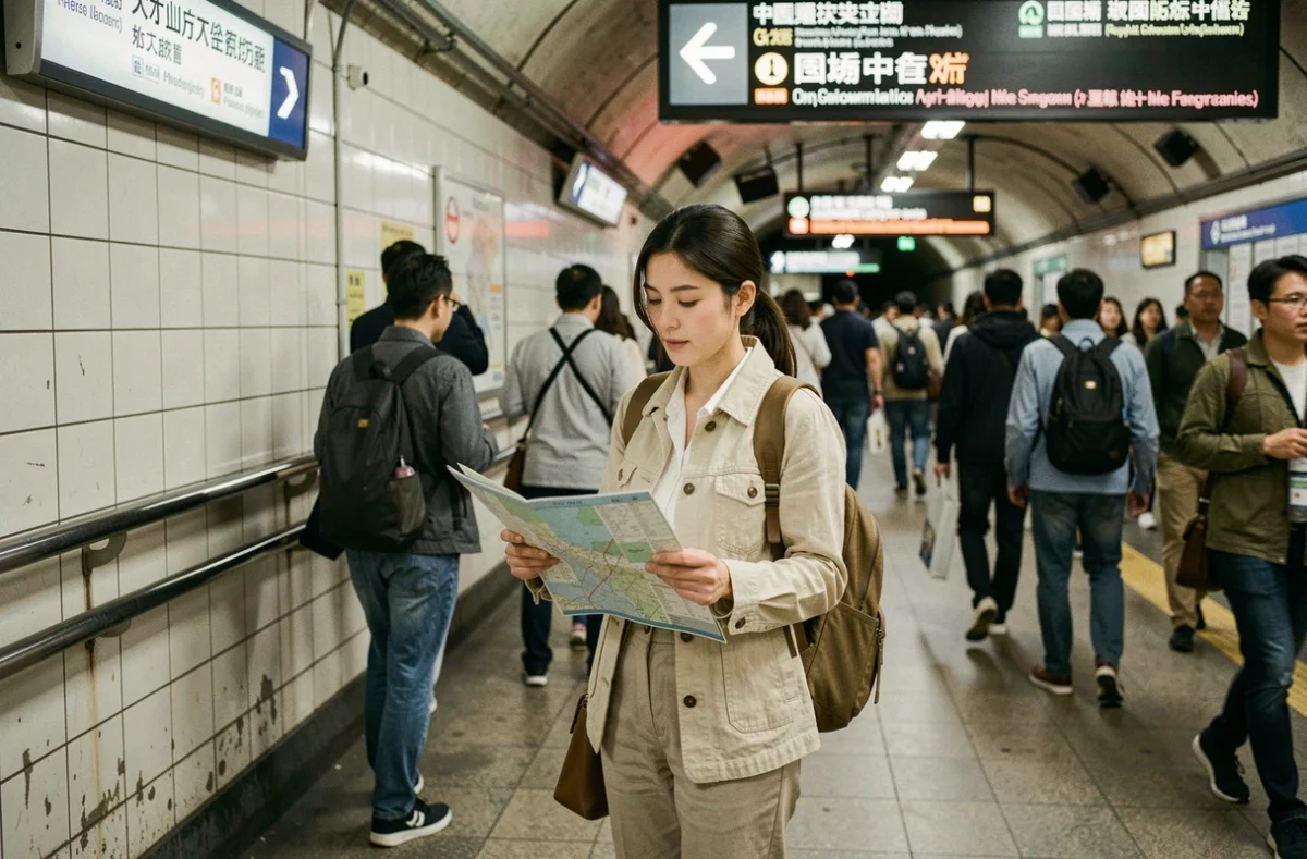 Voyageuse consultant un plan de métro dans une station urbaine fréquentée par des touristes du monde entier