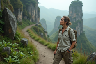 Voyageuse au chemin mossy devant roches fantastiques