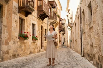 Voyageuse explorant une ruelle pavée de La Valette avec des balcons traditionnels maltais en bois coloré