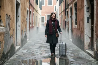 Voyageuse avec valise dans une ruelle déserte de Venise en hiver sous la brume matinale