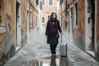 Voyageuse avec valise dans une ruelle déserte de Venise en hiver sous la brume matinale