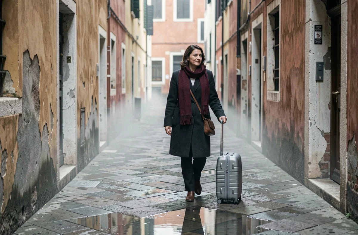 Voyageuse avec valise dans une ruelle déserte de Venise en hiver sous la brume matinale