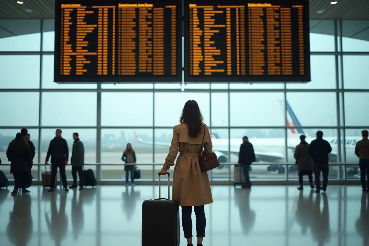 Voyageuse consultant le tableau des départs à l'aéroport d'Orly avant son vol TUI FLY