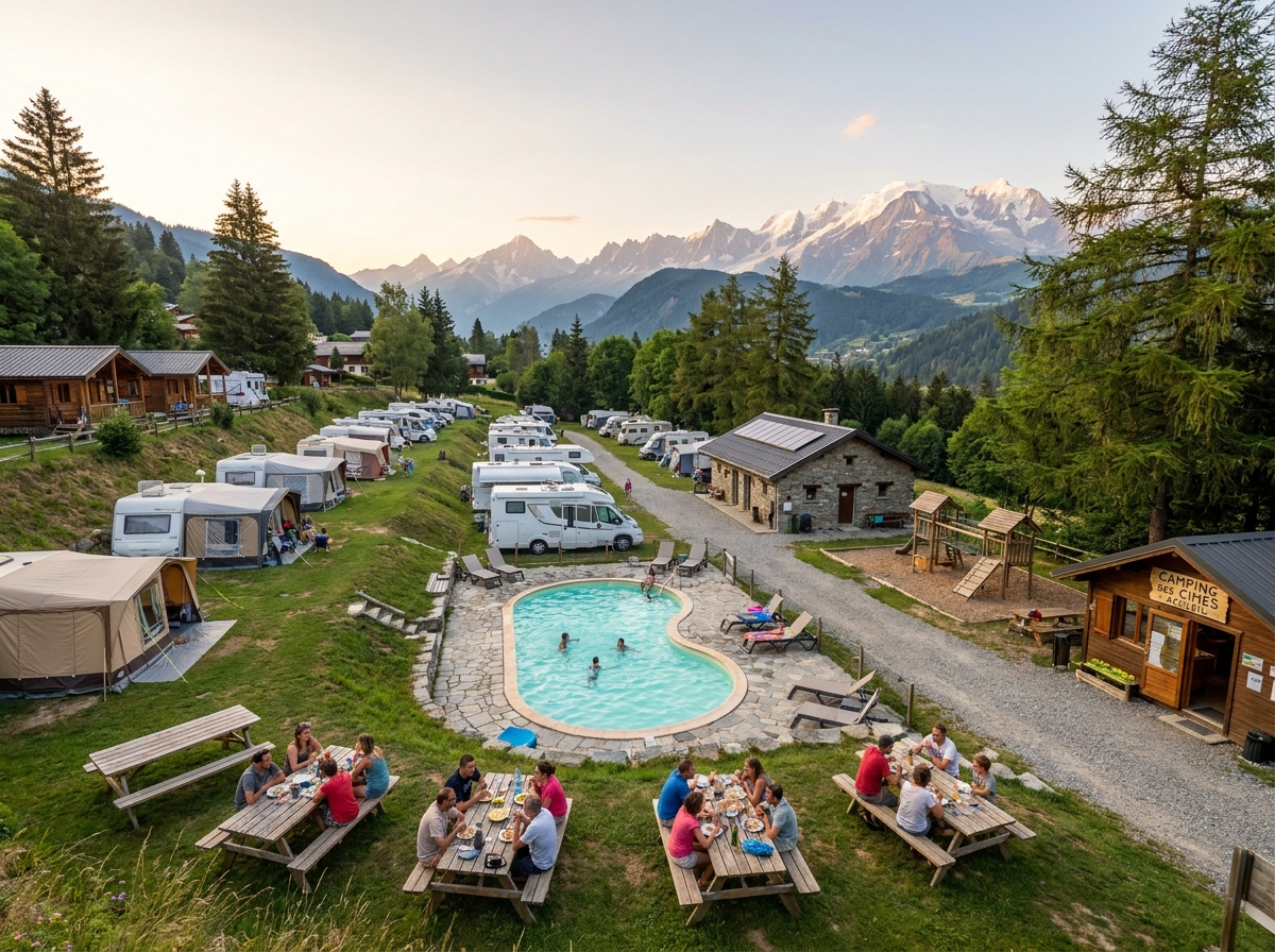 Vue panoramique d'un camping des Hautes-Alpes avec piscine et chalets entourés de montagnes alpines