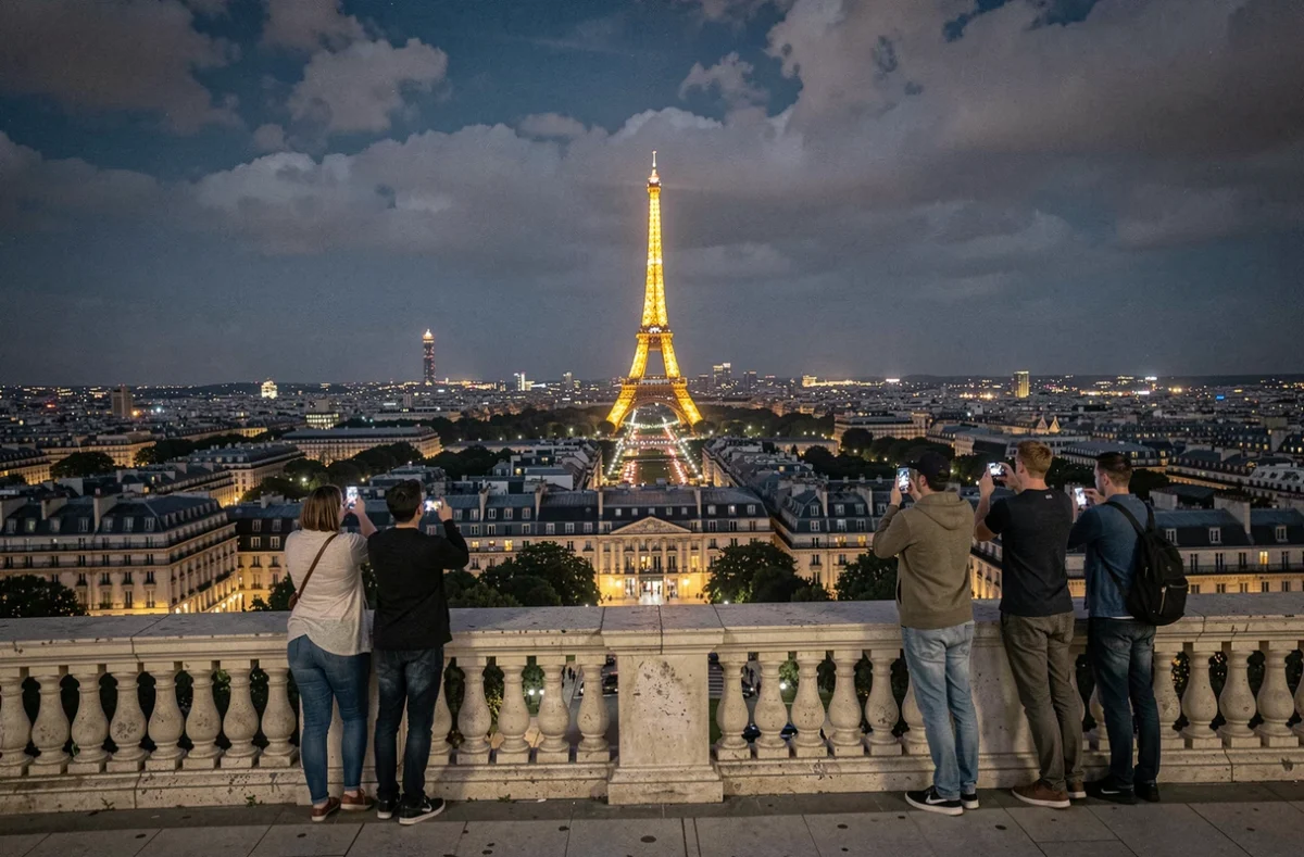 Vue panoramique nocturne sur Paris et la Tour Eiffel depuis le Trocadéro avec des touristes