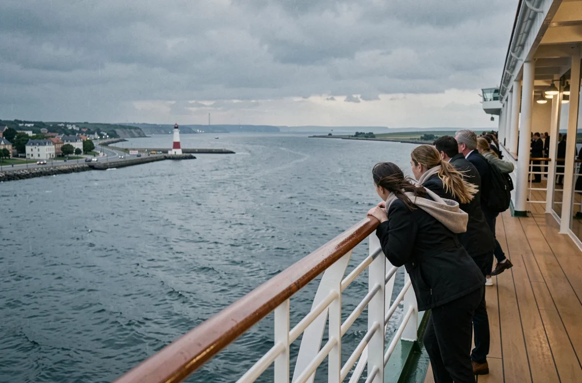 Vue depuis le pont d'un paquebot quittant le Havre avec la côte normande et le phare en arrière-plan