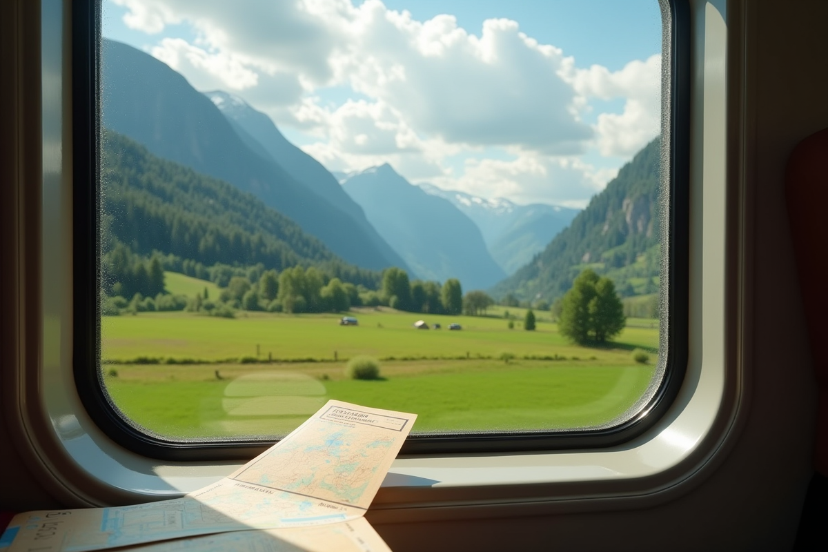Paysage italien avec Alpes vu depuis une fenêtre de train en journée
