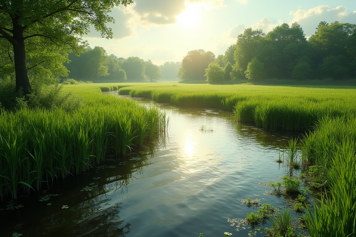Marais verdoyant avec une large rivière et végétation dense